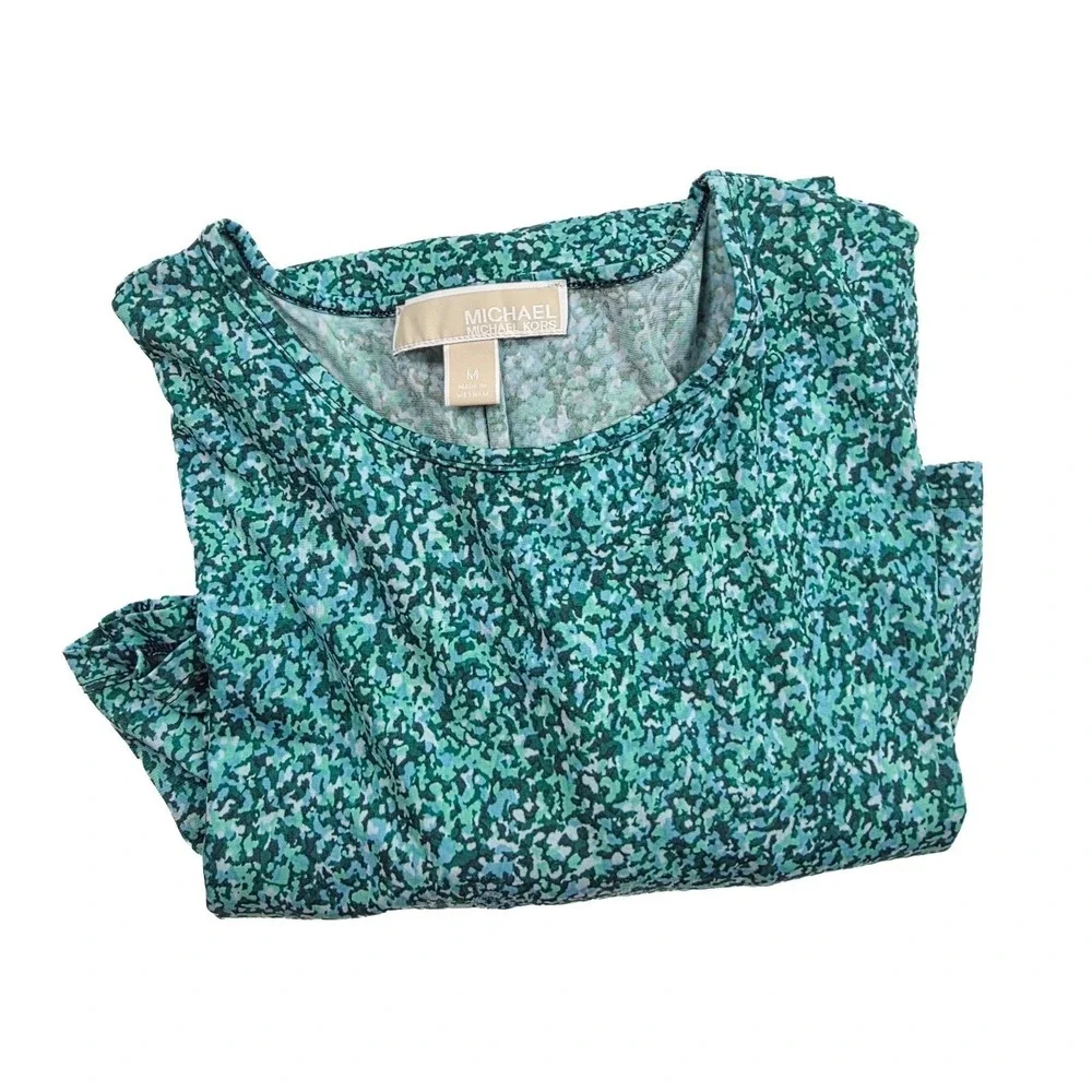 Michael Kors Green Teal Geometric Print L/S Ruffled Short Dress Women's Medium